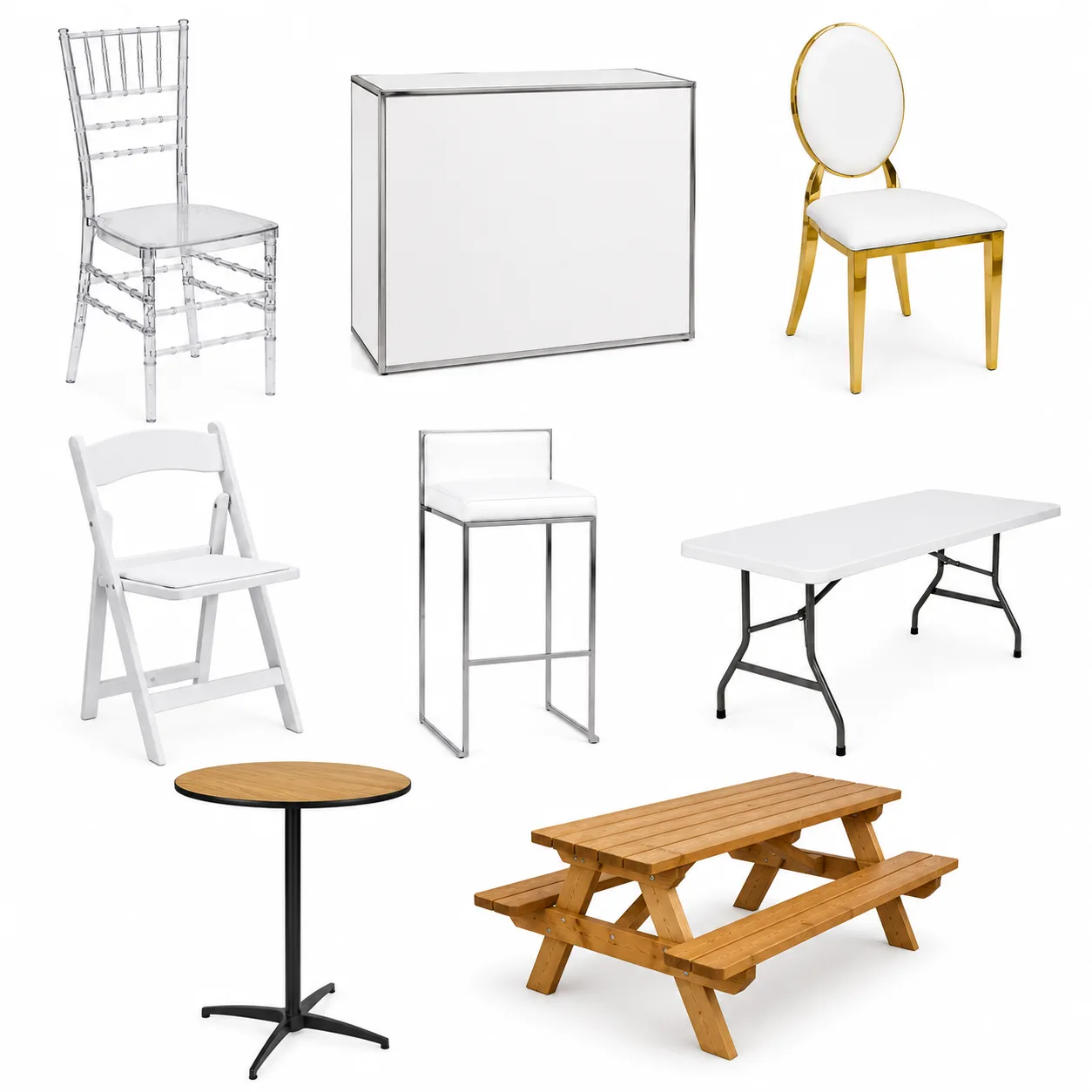 Tent & Event Rentals Toronto 10 Event rental furniture including Chiavari chairs, banquet chairs, cocktail tables, folding chairs, bar furniture and picnic tables by Vibrant Occasions.