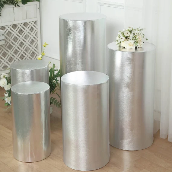 Round Plinth Metalic Spandex - Silver - 5 Pc Set 2 Silver metallic plinth cover 324x324 1