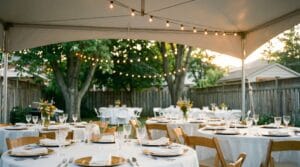 White frame tent with round tables, wooden chairs, and string lights at a backyard sunset party