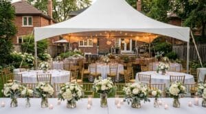 Backyard wedding reception under a white high-peak tent with gold chiavari chairs, white tablecloths, lush white floral centerpieces, and string lights