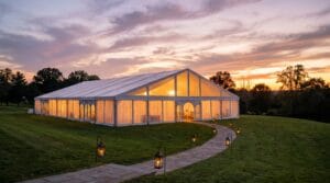 Large white clear-span tent glowing warmly at sunset on a green lawn with a stone pathway lined by lanterns