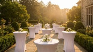 White spandex high-top cocktail tables with white floral arrangements set on a stone patio surrounded by lush hedges and golden sunlight