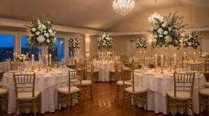 Softly lit ballroom wedding reception with round tables, gold chiavari chairs, towering white floral centerpieces, and crystal chandeliers at dusk