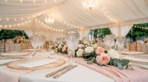 Close-up of a luxury wedding table with crystal glassware, blush roses, gold charger plates, and chandeliers inside a draped marquee tent