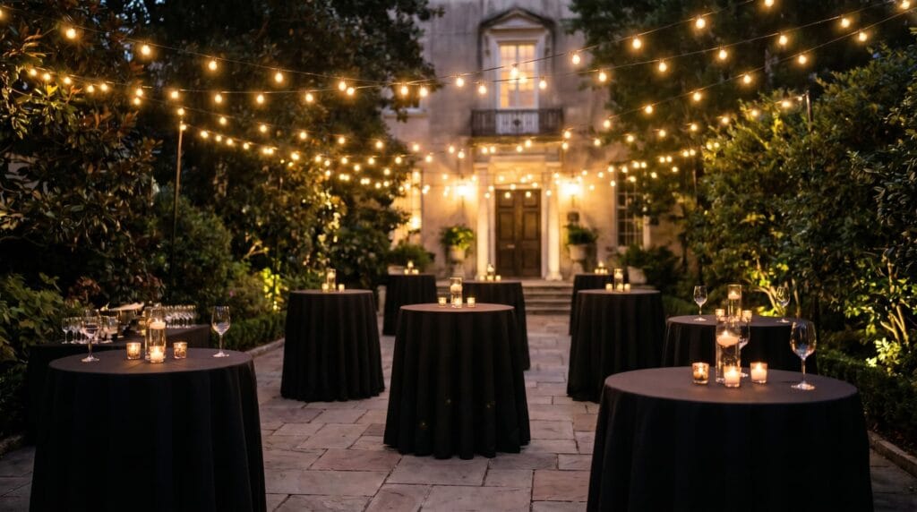 Event Rentals — All GTA Locations | Vibrant Occasions 1 Intimate evening cocktail reception in a garden courtyard with black-draped round tables, candle votives, and string lights against an illuminated mansion