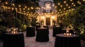 Intimate evening cocktail reception in a garden courtyard with black-draped round tables, candle votives, and string lights against an illuminated mansion