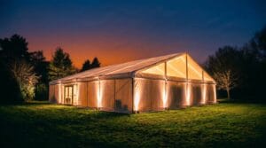 White frame tent glowing with warm amber uplighting against a dramatic dusk sky with deep blue and orange tones