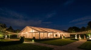 Illuminated clear-span marquee tent at night surrounded by manicured gardens and festoon string lights