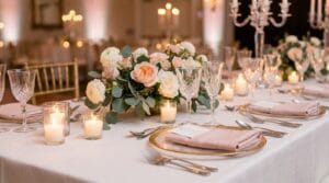 Close-up of a luxury wedding reception table with crystal glassware, pink and white rose centerpiece, gold charger plates, and glowing candles