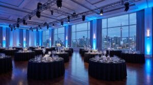 Elegant corporate gala dinner with dark round tables, blue uplighting, truss lighting, and floor-to-ceiling windows overlooking a city skyline