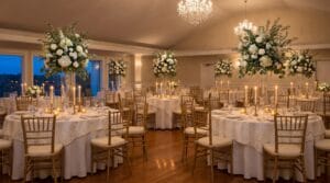 Elegant wedding banquet hall with round tables, gold chiavari chairs, tall white floral centerpieces, crystal chandeliers, and candlelight