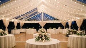 Romantic wedding tent reception at night with draped fabric ceiling, fairy string lights, round tables with blush floral centerpieces, and a dance floor