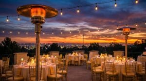 Rooftop outdoor dinner reception at sunset with round tables, gold chiavari chairs, patio heaters, and string lights overlooking a city skyline