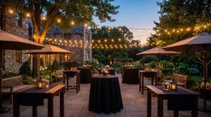 Outdoor corporate cocktail event at a stone estate with round tables, market umbrellas, bench seating, lanterns, and bistro string lights at dusk