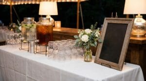 Outdoor wedding beverage station at night with drink dispensers, crystal glassware, white floral arrangement, and a blank chalkboard sign on a white-draped table