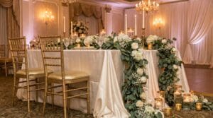 Elegant wedding sweetheart table with a eucalyptus and white rose garland, gold candlesticks, and gold chiavari chairs in a warmly lit ballroom