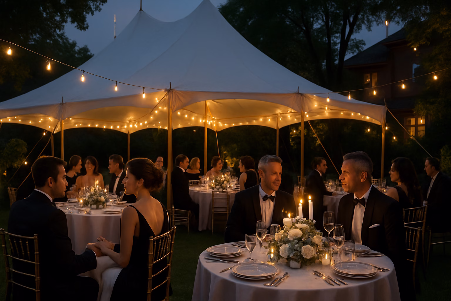 Elegant anniversary party under a white tent with golden string lights and formal table settings in Toronto