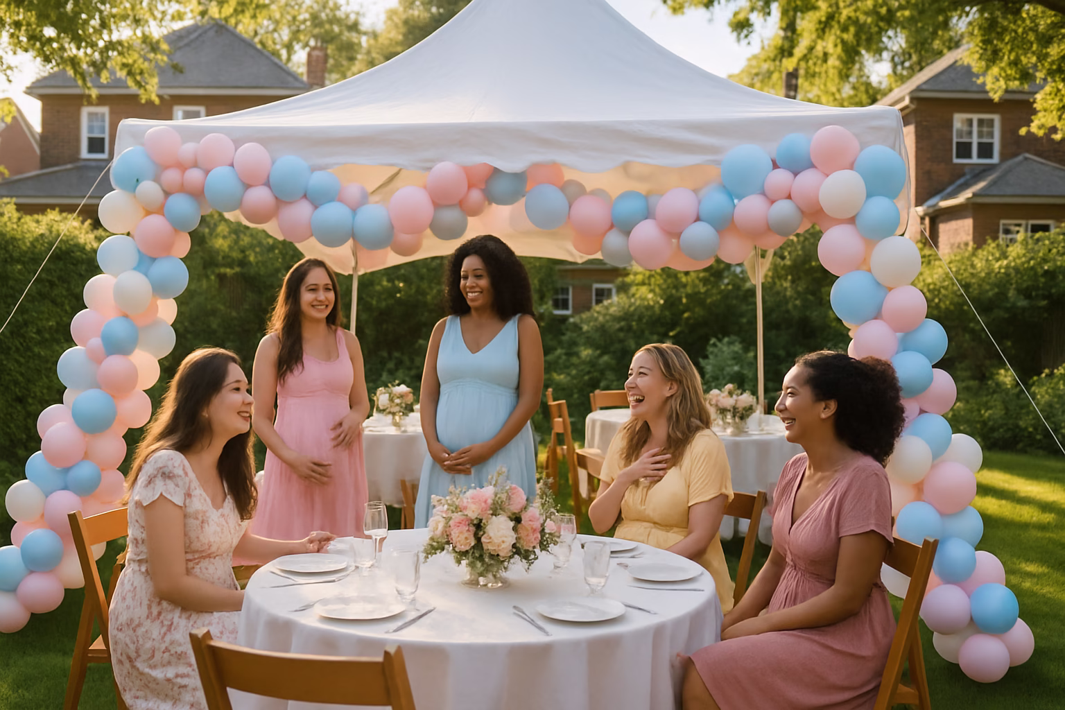 Baby Shower & Gender Reveal Rentals Toronto | Tents & Décor 1 Outdoor baby shower with white tent, balloon decorations, and pastel floral centrepieces in Toronto