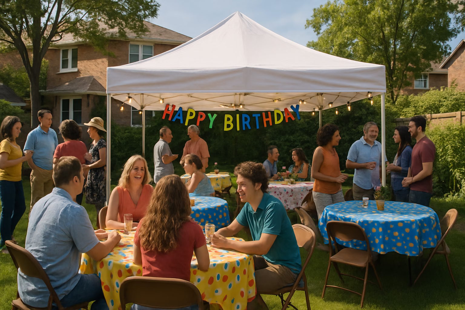 Backyard & Private Party Rentals 1 Backyard party with white tent, tables, chairs, and string lights in Toronto