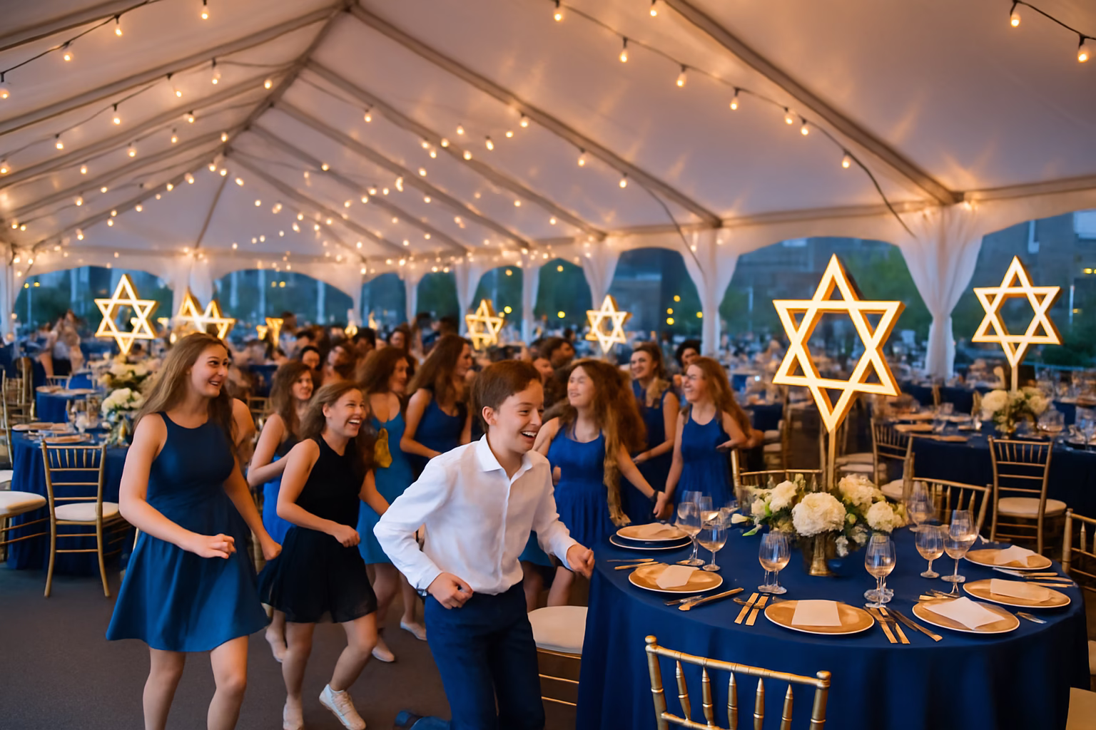 Bar Mitzvah celebration inside a white tent with blue and gold decor and dancing guests in Toronto