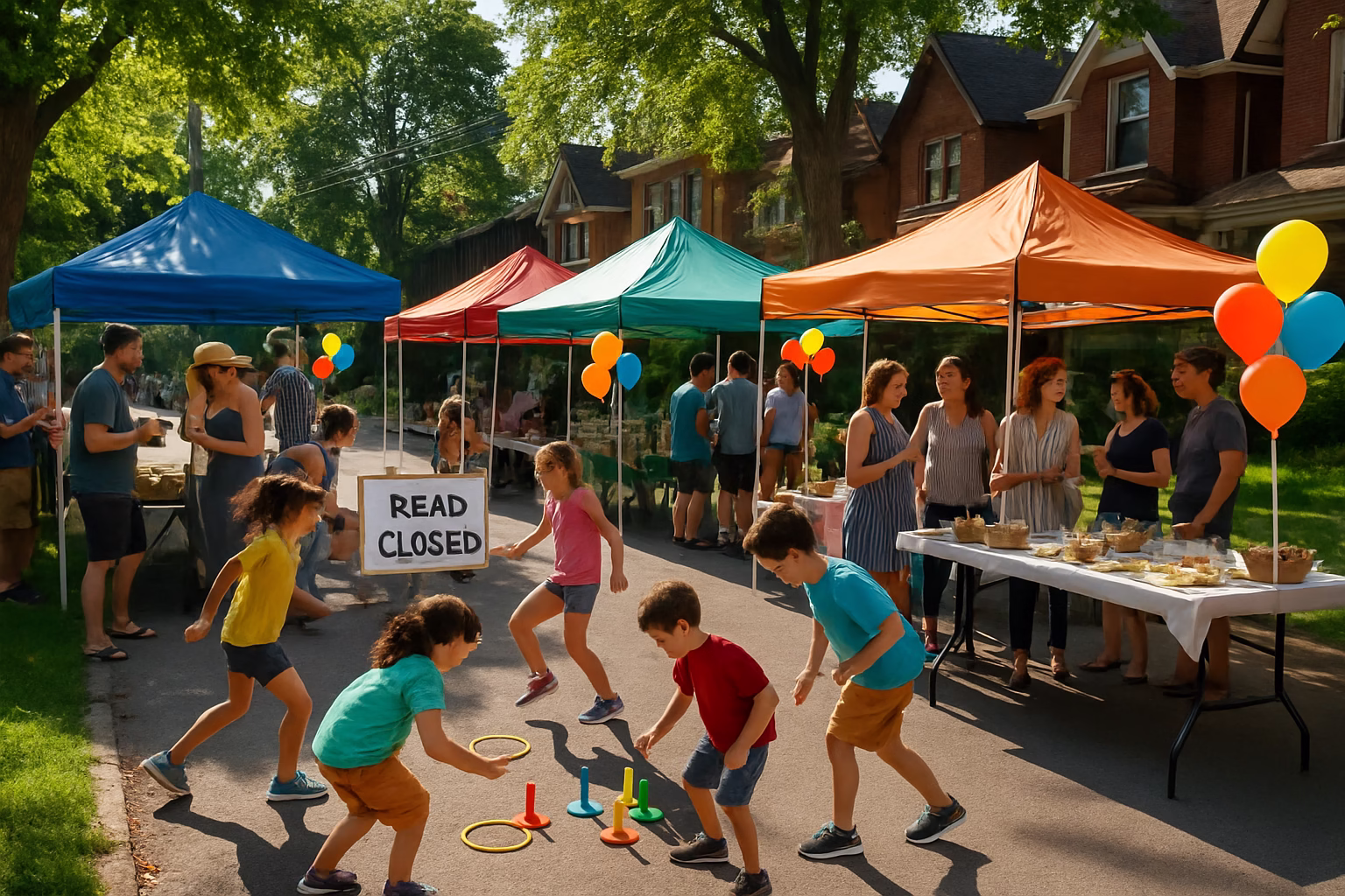 Toronto neighbourhood block party with colourful canopies, tables, games and community gathering on a closed street