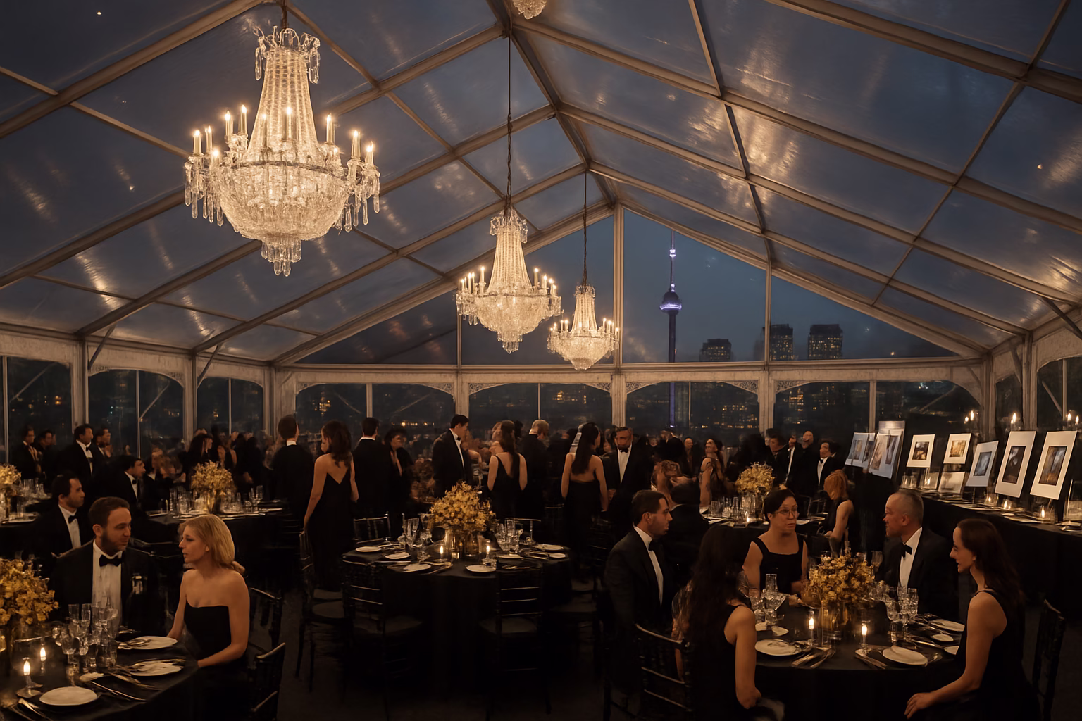 Charity Gala & Fundraiser Rentals Toronto | Staging & Décor 1 Black-tie charity gala inside a white tent with crystal chandeliers and formal table settings in Toronto