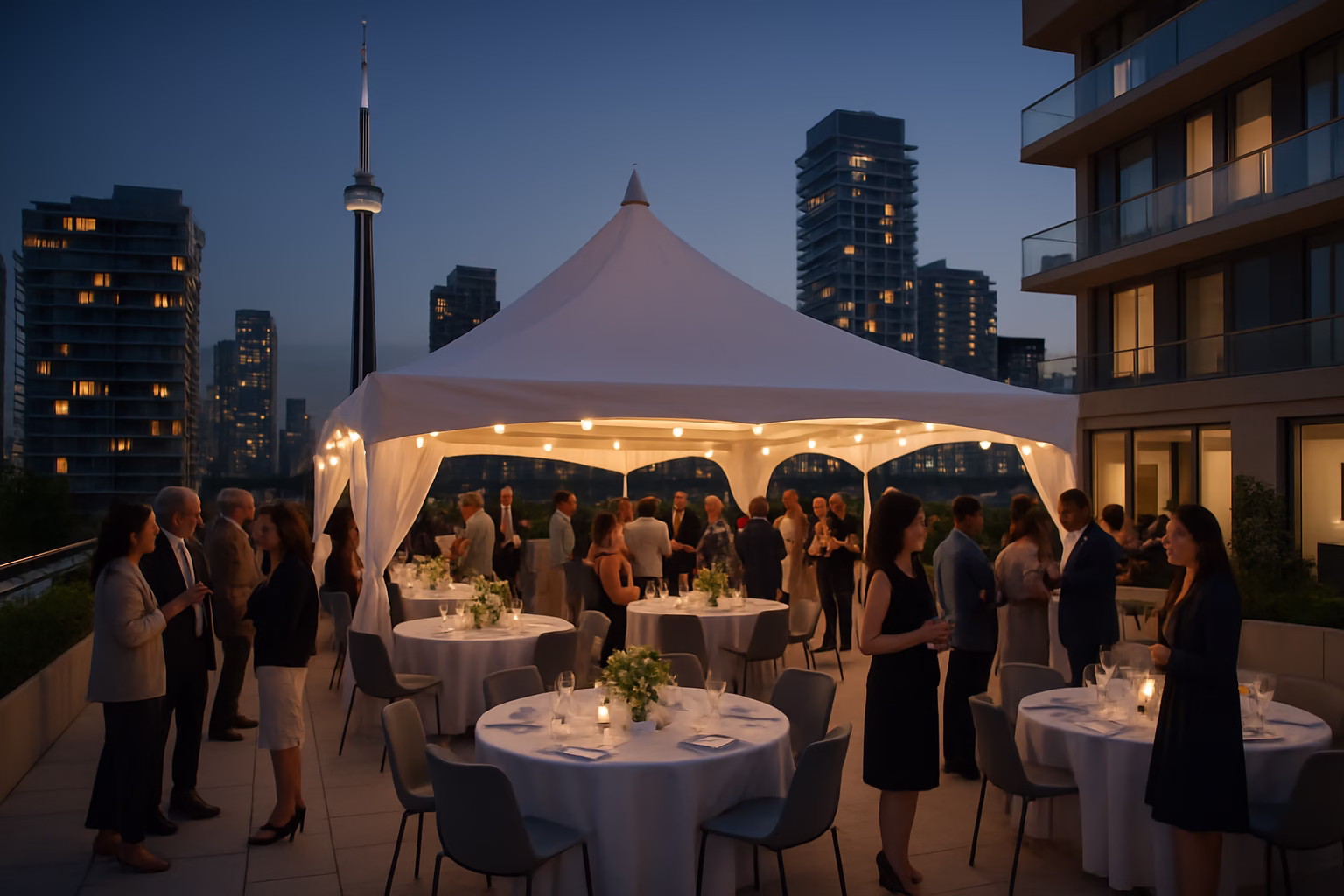 Condo & Building Amenity Event Rentals Toronto | Tents & Furniture 1 Elegant condo rooftop event with white tent, modern decor, and Toronto city skyline in background