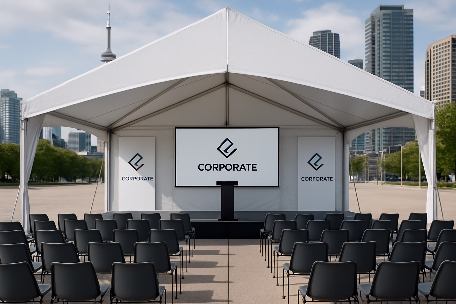 Corporate Event Rentals Toronto 1 Professional corporate event tent with staging, chairs, and podium in Toronto