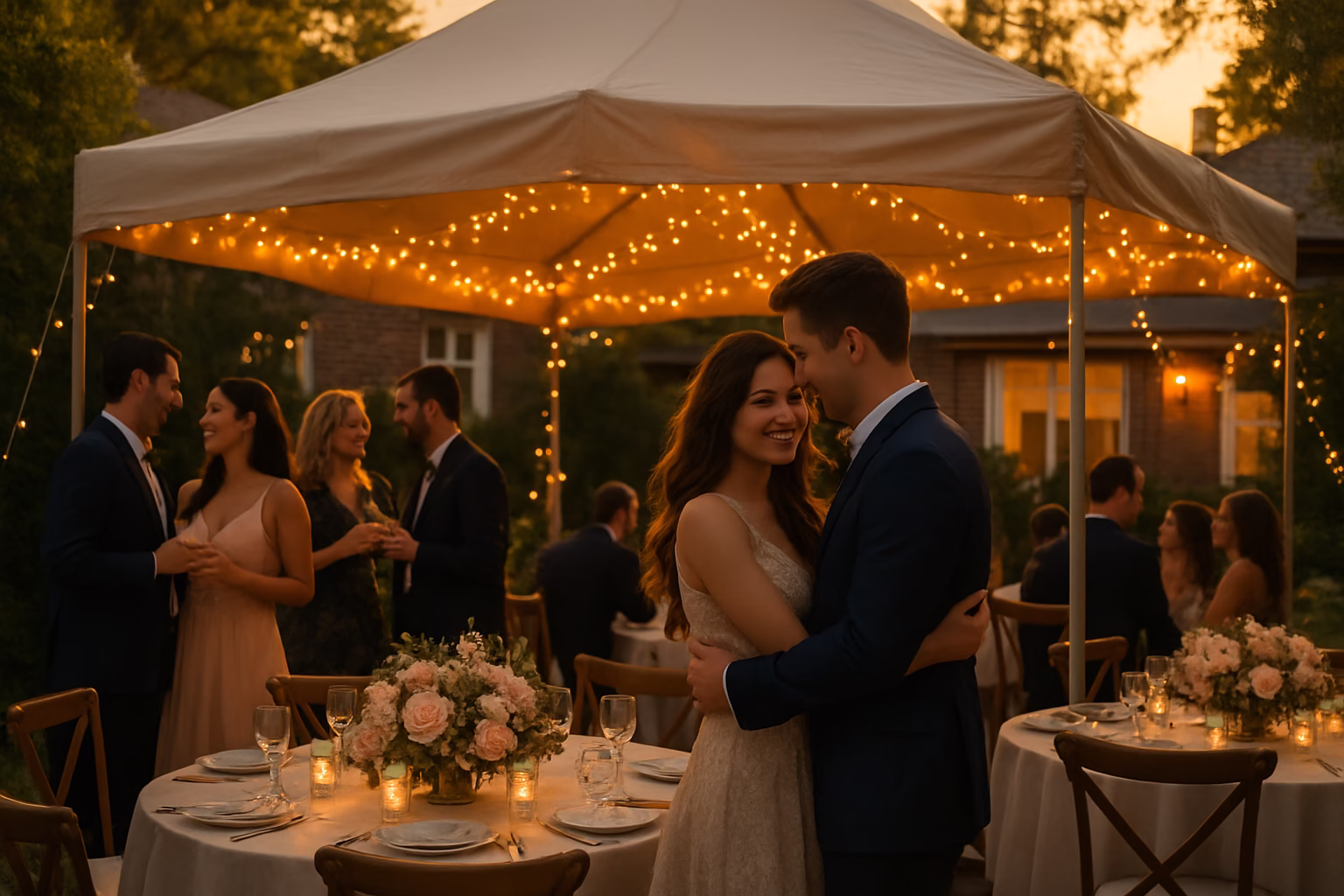 Romantic engagement party with tent, fairy lights, and floral centrepieces in Toronto