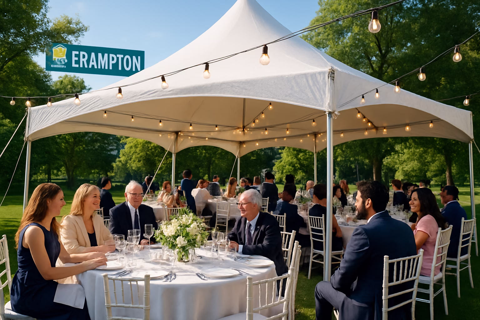 50+ event rentals Brampton | Tents, Chairs & Linens | Vibrant Occasions 1 Professional event rental setup with tent, tables, and chairs in Brampton, Ontario