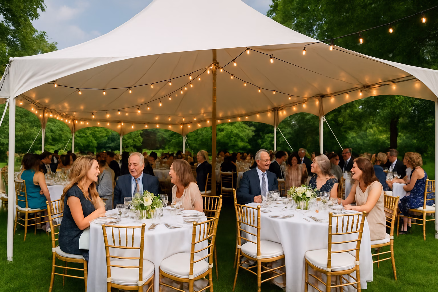 50+ event rentals King City | Tents, Chairs & Linens | Vibrant Occasions 1 Professional event rental setup with tent, tables, and chairs in King City, Ontario