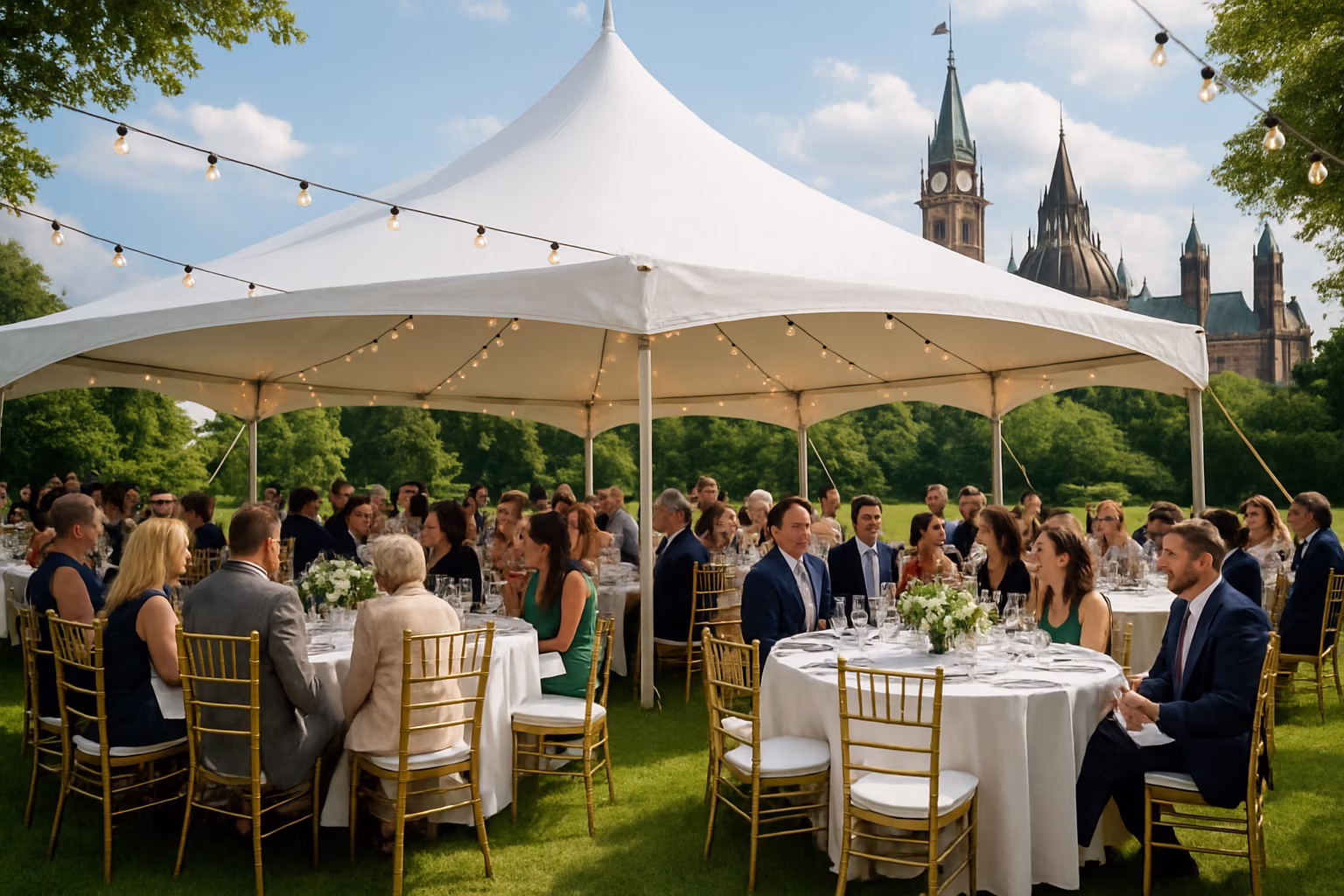 Ottawa Event Rentals — Stage, Dance Floor & Portable Toilet Specialists 1 Professional event rental setup with tent, tables, and chairs in Ottawa, Ontario