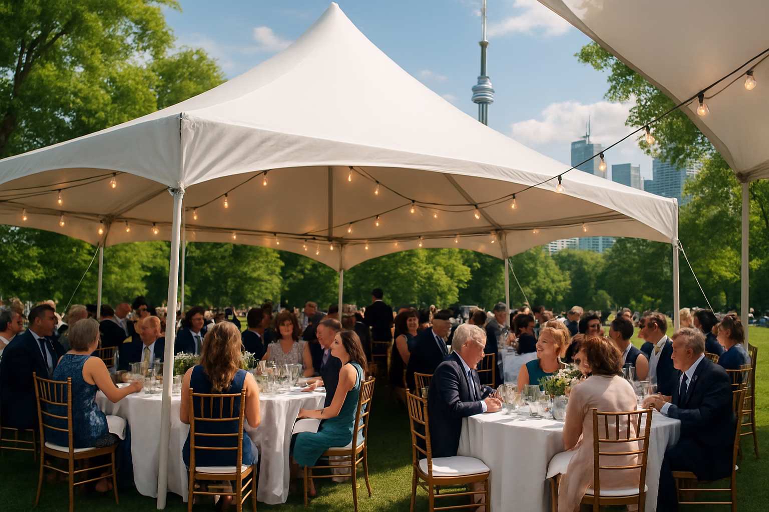 Professional event rental setup with tent, tables, and chairs in Toronto, Ontario