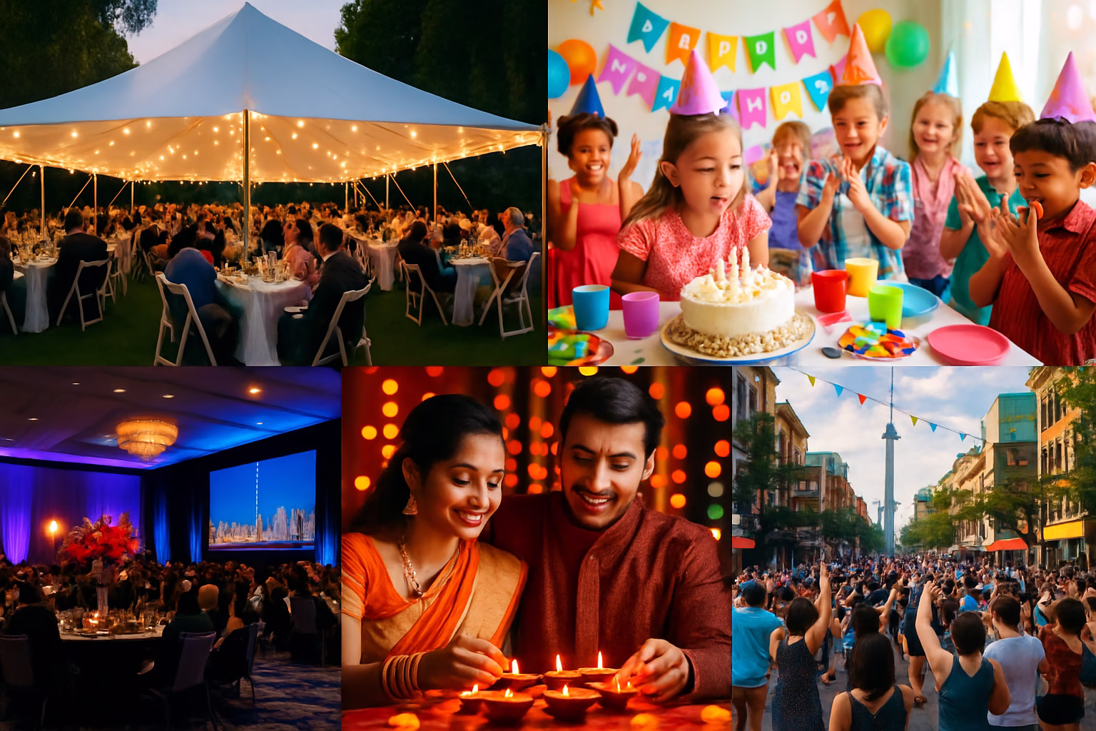 Multiple event types shown together — wedding, birthday, cultural celebration, corporate event, and block party rentals by Vibrant Occasions Toronto