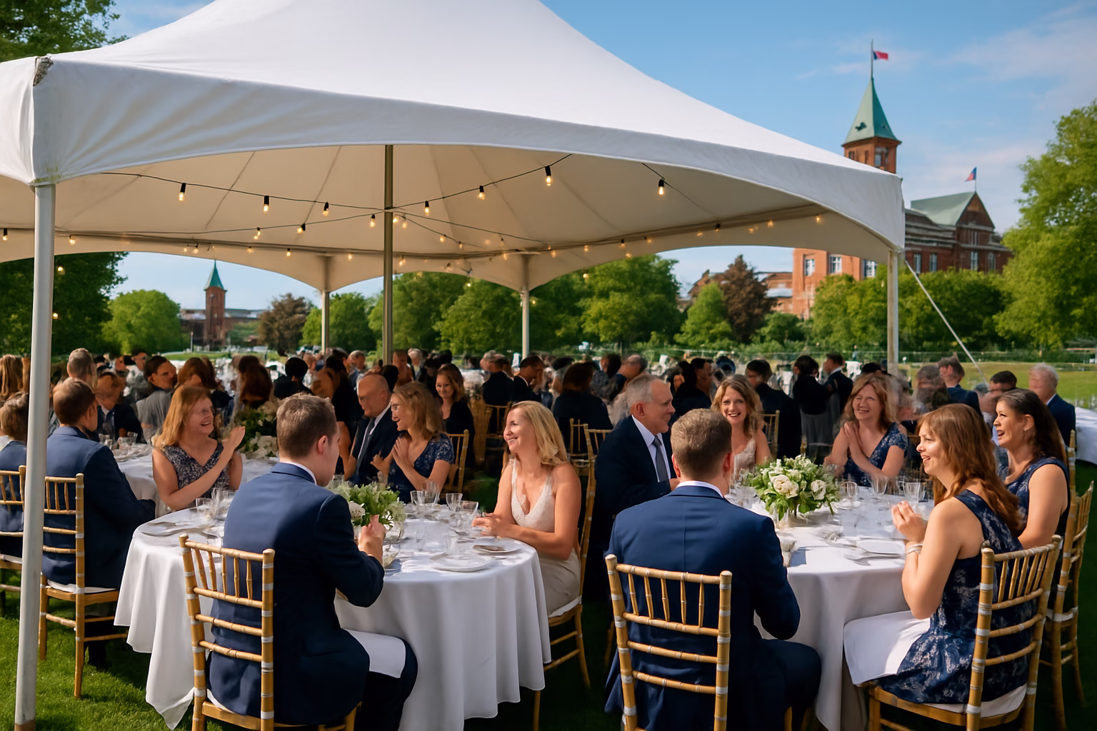 50+ event rentals Whitby | Tents, Chairs & Linens | Vibrant Occasions 1 Professional event rental setup with tent, tables, and chairs in Whitby, Ontario