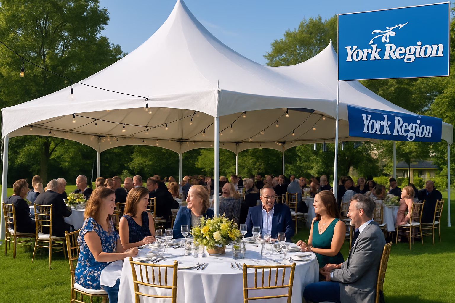 50+ event rentals York Region | Tents, Chairs & Linens | Vibrant Occasions 1 Professional event rental setup with tent, tables, and chairs in York Region, Ontario