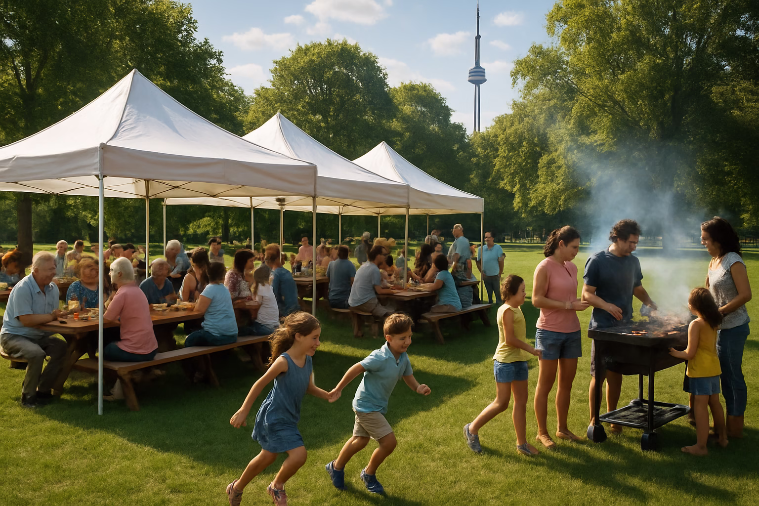 Family reunion with multiple canopy tents, picnic tables, and multi-generational family gathering in a Toronto park