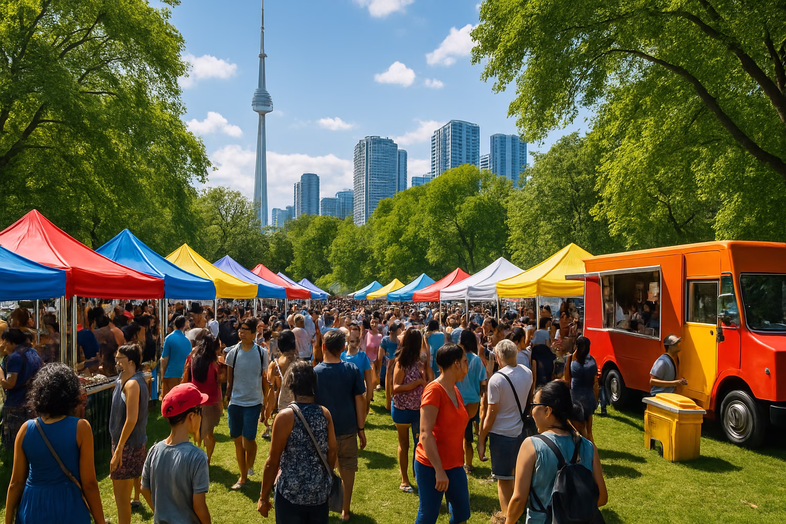 Outdoor festival with multiple tents, vendor stalls and crowds in Toronto park