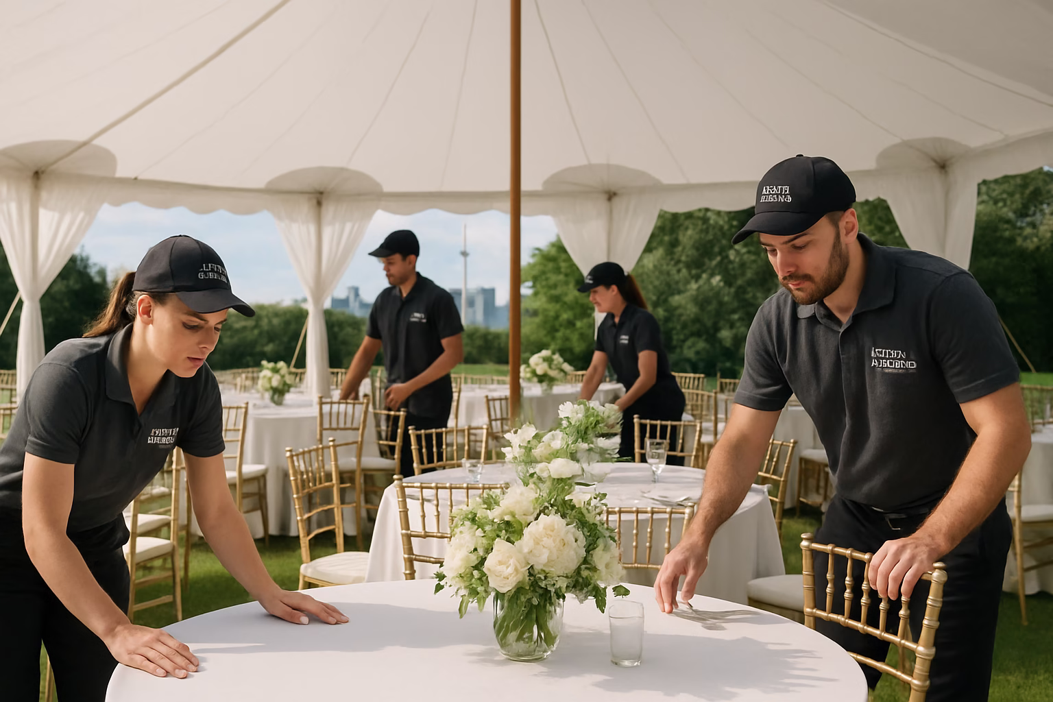 Full-Service Event Rentals Toronto | One Company, Everything You Need 1 Event rental crew setting up a complete outdoor tent event with tables and decor in Toronto