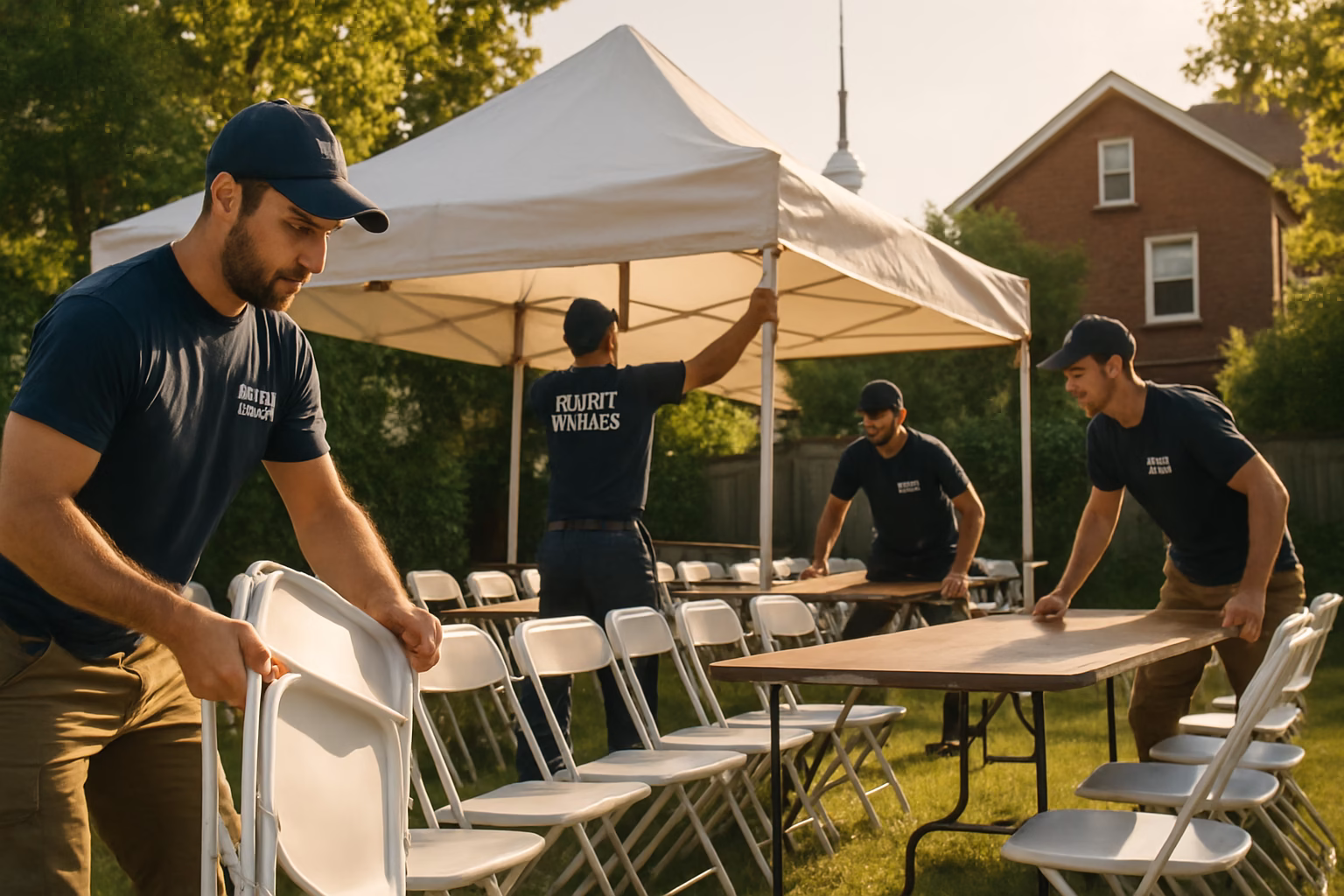 Event rental crew quickly setting up tent, tables and chairs for a last-minute event in Toronto