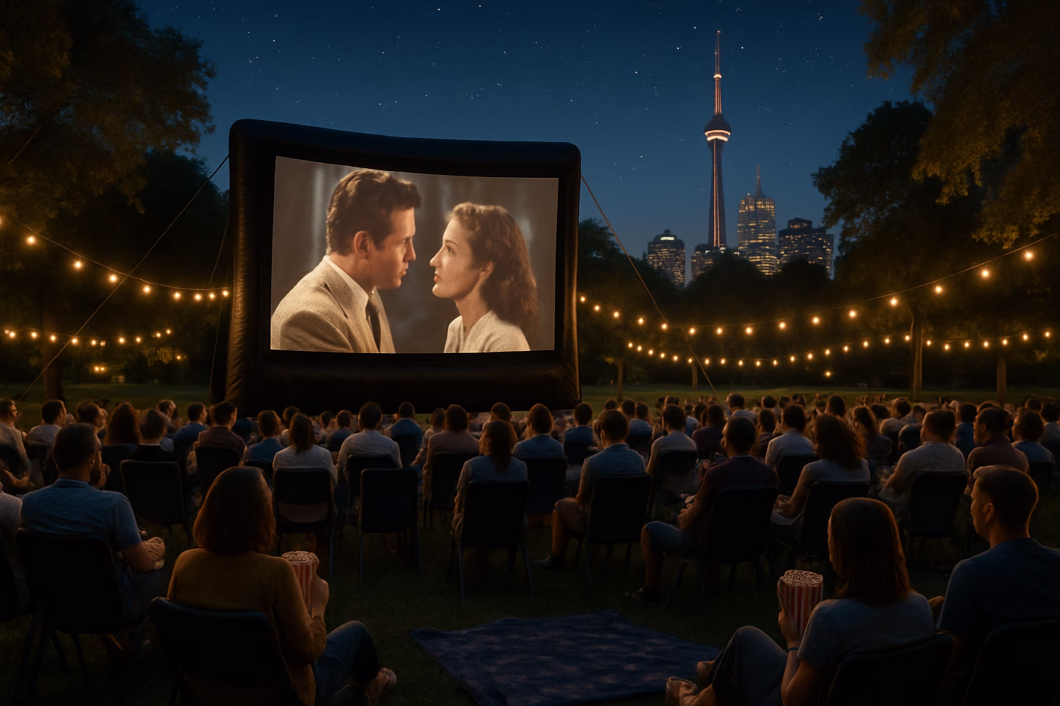 Outdoor movie screening in Toronto park with large screen, audience seating, and string lights under the stars
