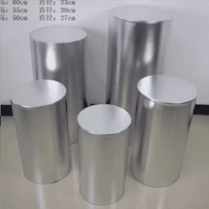Round Plinth Metalic Spandex - Silver - 5 Pc Set rental Toronto GTA - Vibrant Occasions Scarborough