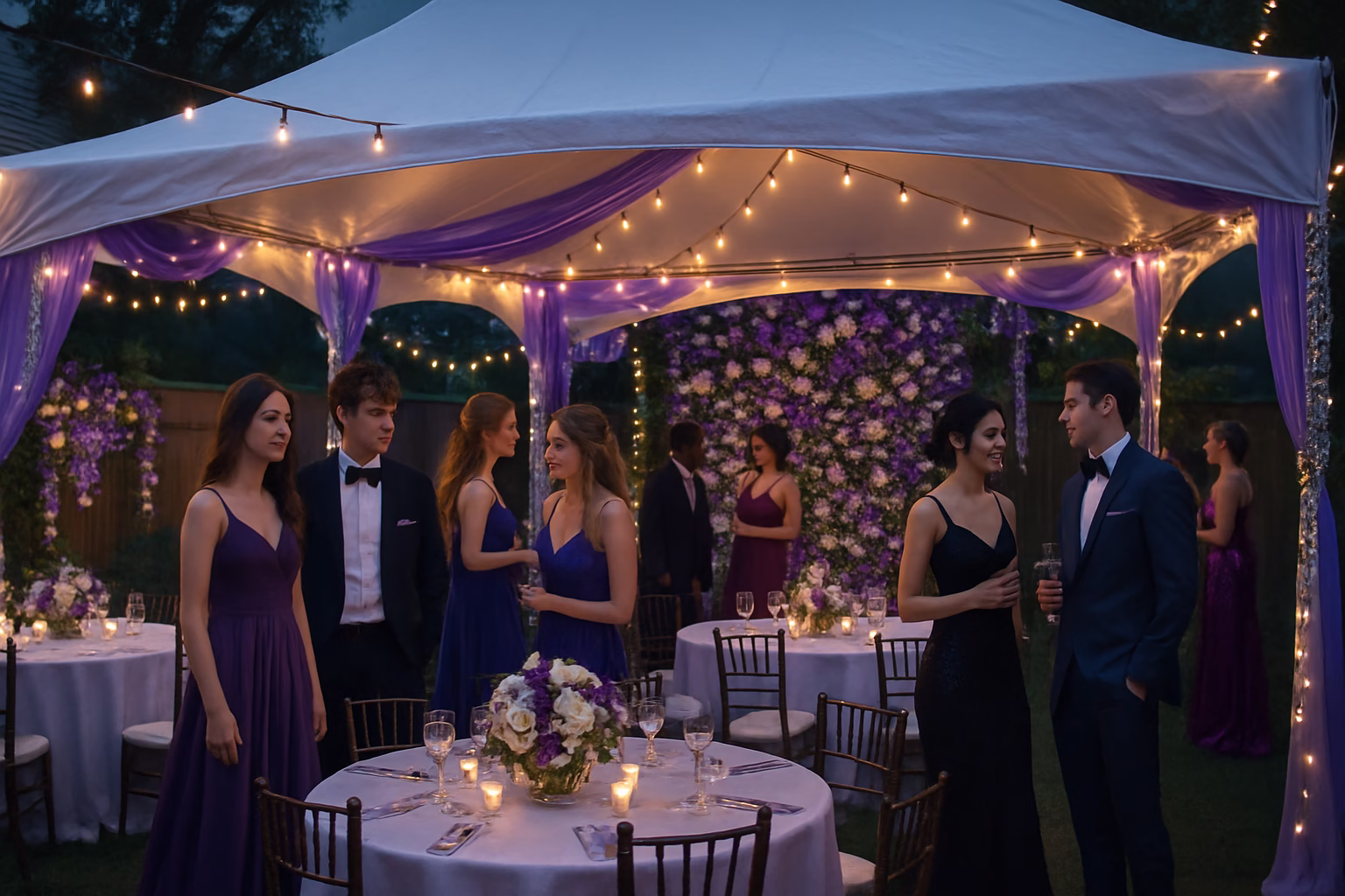 Prom pre-party celebration under a white tent with purple and silver decor and teenagers in formal attire in Toronto
