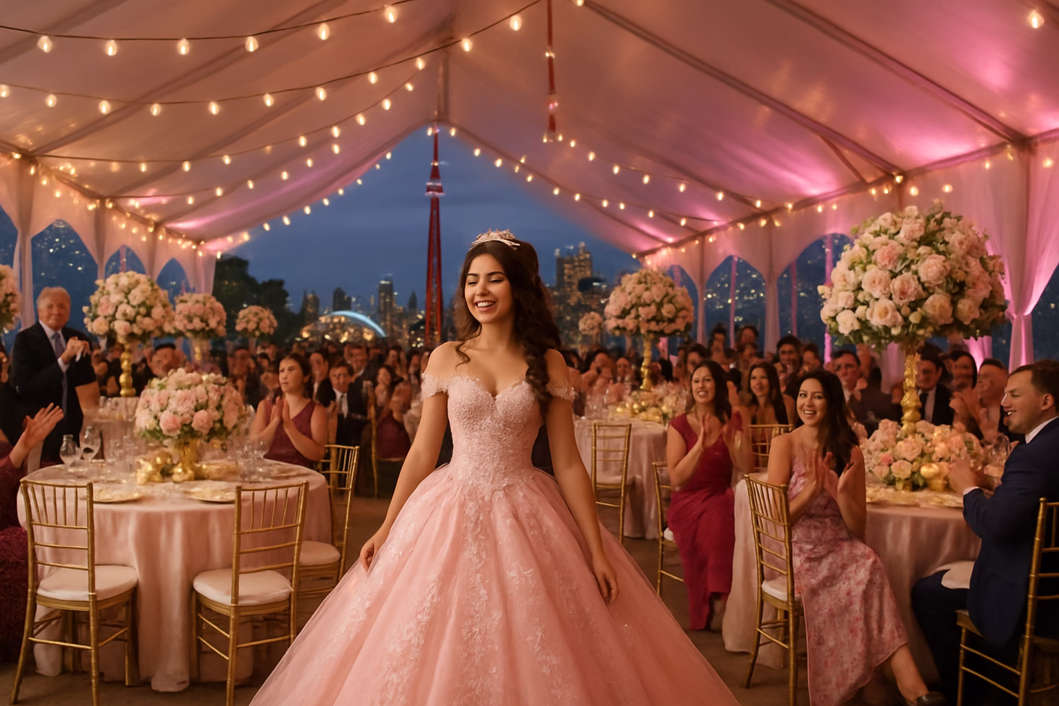 Quinceañera Rentals Toronto | Tents, Seating & Dance Floors 1 Quinceanera celebration inside a white tent with pink and gold decor and dance floor in Toronto