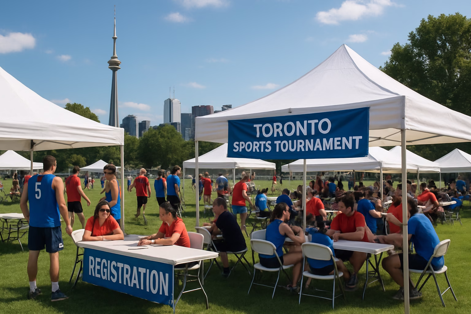 Outdoor sports tournament with team canopy tents, registration tables, and spectator seating in Toronto