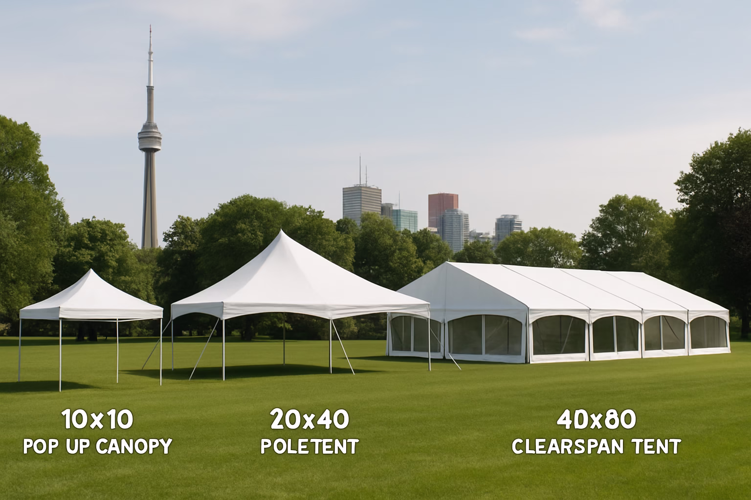 Tent Rental Price Guide for Toronto & GTA (2026) 1 Three tent sizes compared side by side — pop-up canopy, pole tent, and clearspan tent in Toronto