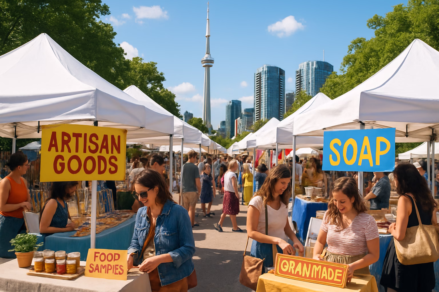 Outdoor vendor pop-up market with white canopy tents, display tables, and shoppers in Toronto