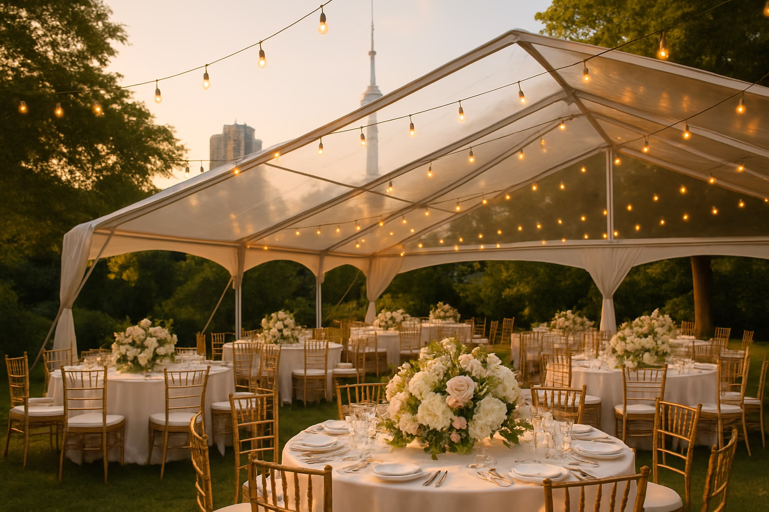 Wedding Rentals Toronto 1 Outdoor wedding reception with white tent, chiavari chairs, and floral arrangements in Toronto